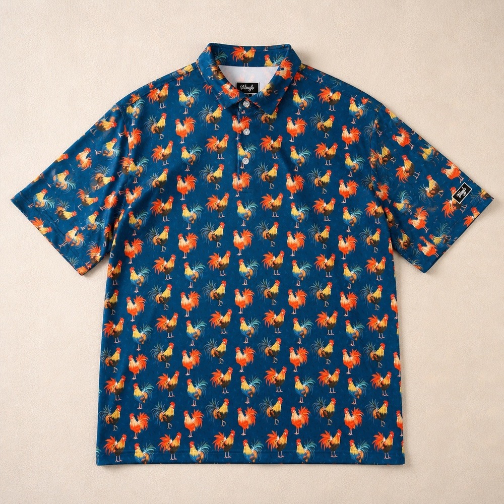 Waggle Maui Golf Polo Shirt Mens 2XL Blue Rooster Print Performance